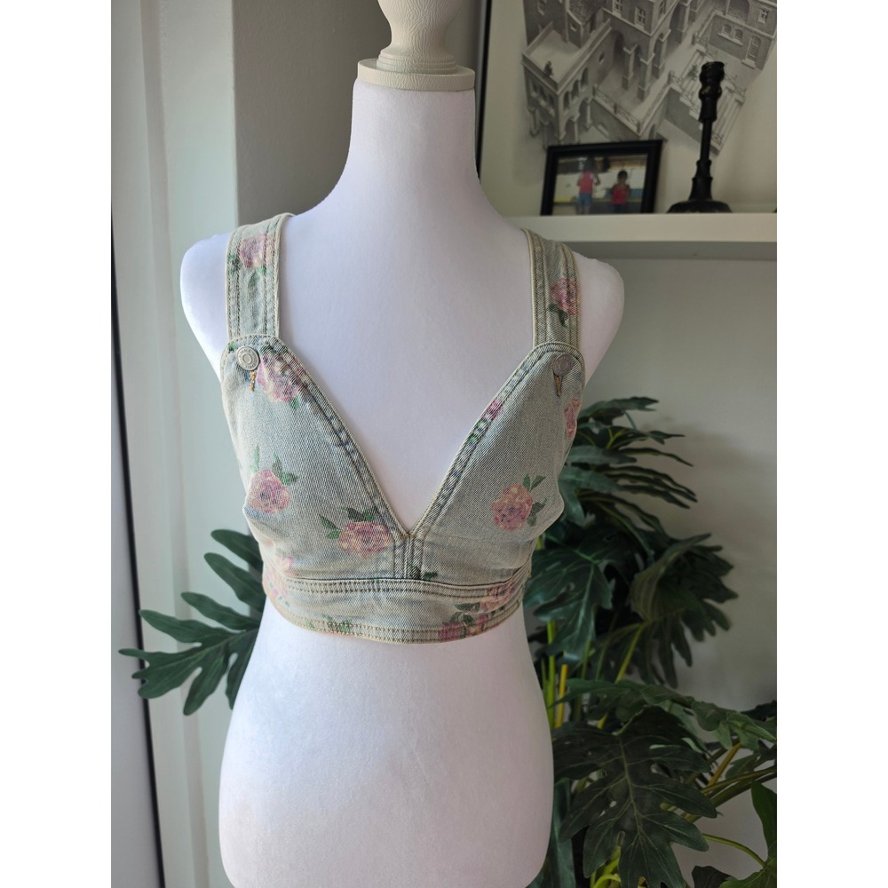 Wild Fable Pink Floral Denim Crop Top Braletteโ V-Neck Side Zip XS Light Wash